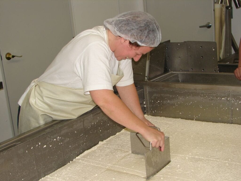 Person cutting cheese in a food processing facility.