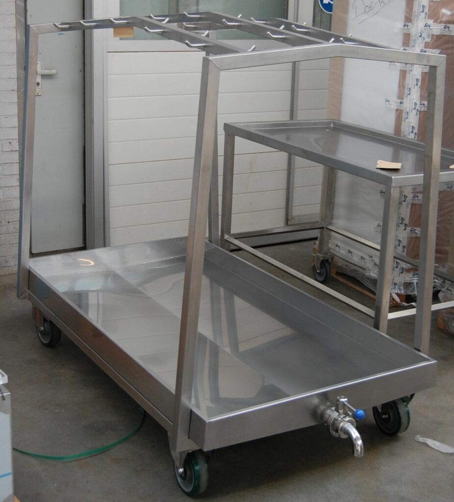Stainless steel commercial food cart with multiple shelves and wheels.