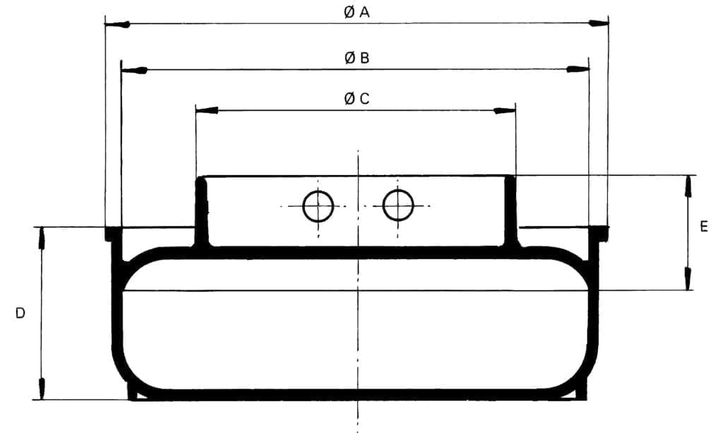 Technical drawing of a cylindrical object with labeled diameters (A, B, C) and heights (D, E), featuring two central holes on the top section.