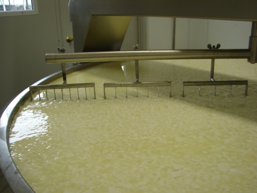 Foamy liquid in an industrial vat with a stirring mechanism.